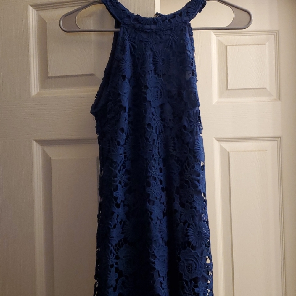 Navy blue pink lily floral dress